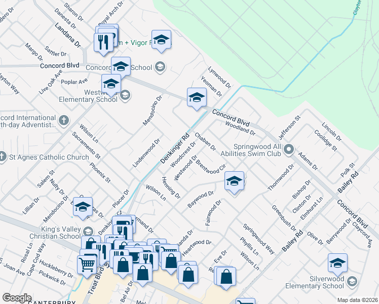 map of restaurants, bars, coffee shops, grocery stores, and more near 1740 Denkinger Road in Concord