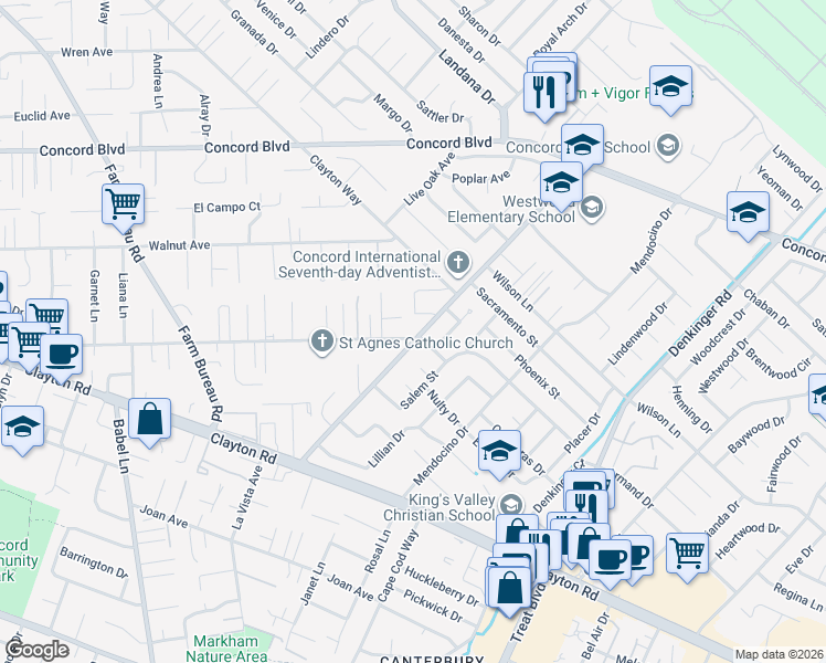 map of restaurants, bars, coffee shops, grocery stores, and more near 1619 West Street in Concord
