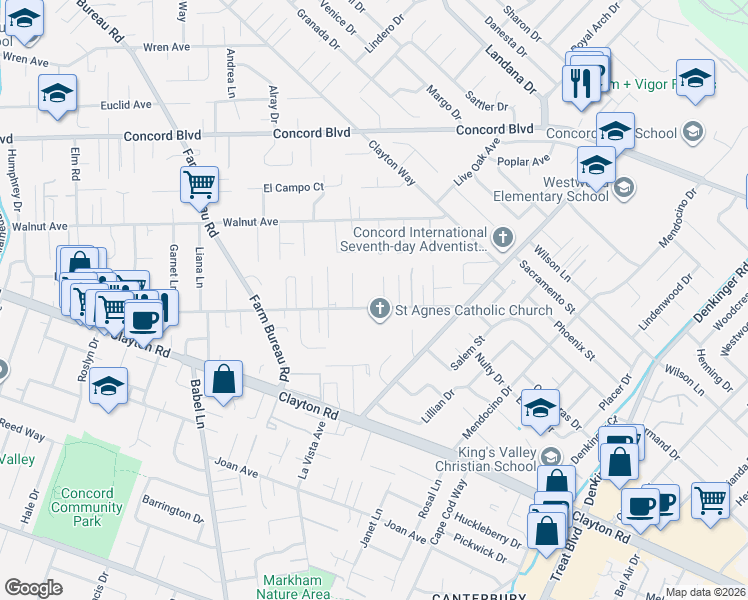 map of restaurants, bars, coffee shops, grocery stores, and more near 3979 Chestnut Avenue in Concord