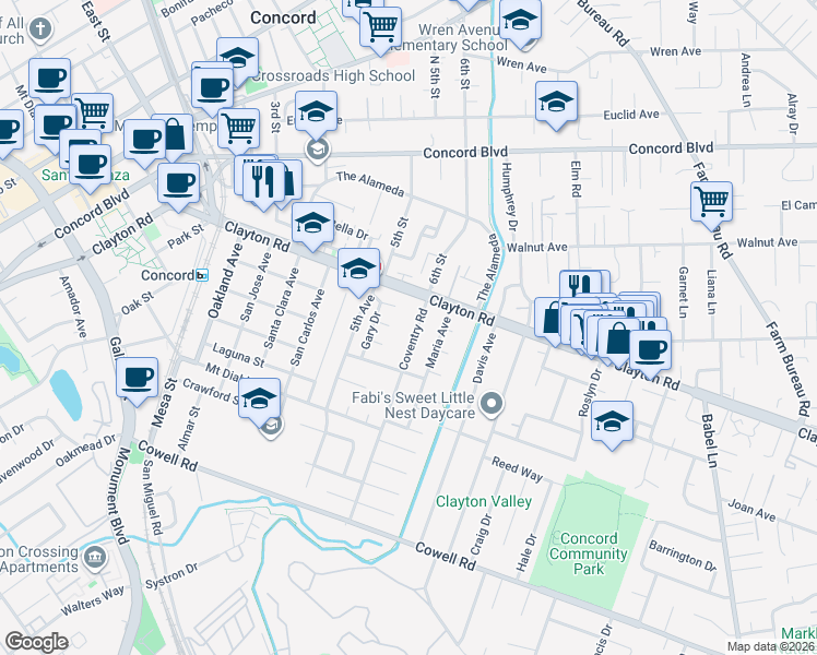 map of restaurants, bars, coffee shops, grocery stores, and more near 1473 Coventry Road in Concord