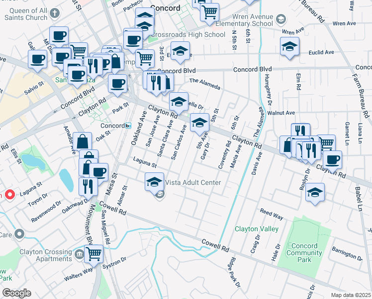map of restaurants, bars, coffee shops, grocery stores, and more near 1462 Carleton Drive in Concord