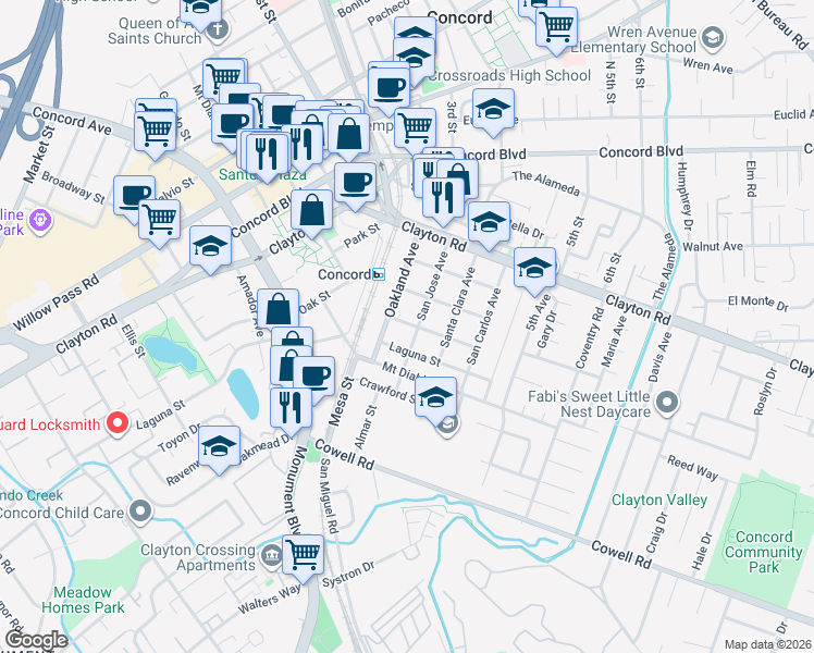 map of restaurants, bars, coffee shops, grocery stores, and more near 2741 Prospect Street in Concord