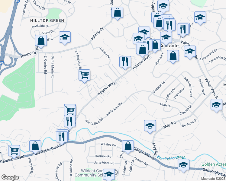 map of restaurants, bars, coffee shops, grocery stores, and more near in El Sobrante