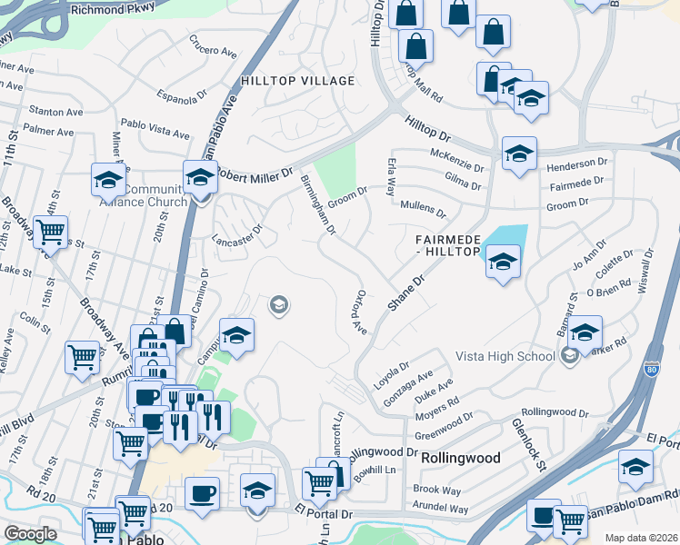 map of restaurants, bars, coffee shops, grocery stores, and more near 2865 Oxford Avenue in Richmond