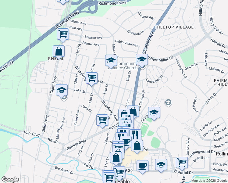 map of restaurants, bars, coffee shops, grocery stores, and more near 1840 Rivers Street in San Pablo