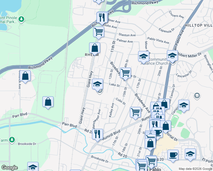 map of restaurants, bars, coffee shops, grocery stores, and more near 2805 12th Street in San Pablo