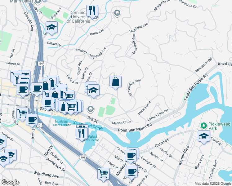 map of restaurants, bars, coffee shops, grocery stores, and more near 24 Jewell Street in San Rafael