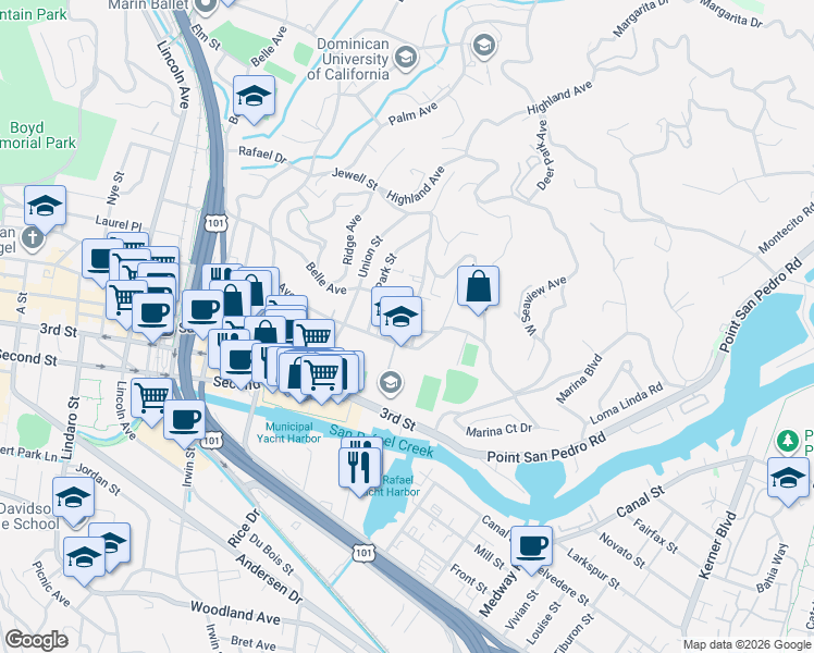 map of restaurants, bars, coffee shops, grocery stores, and more near 6 Valencia Avenue in San Rafael