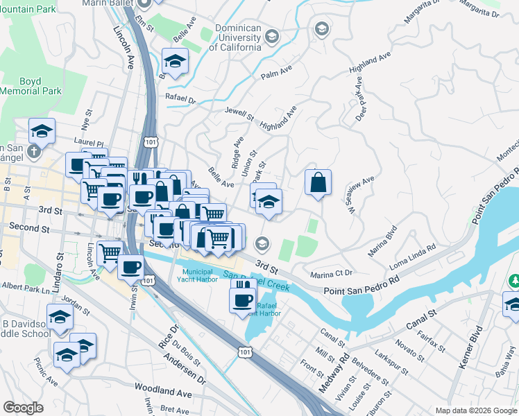 map of restaurants, bars, coffee shops, grocery stores, and more near 22 Park Street in San Rafael