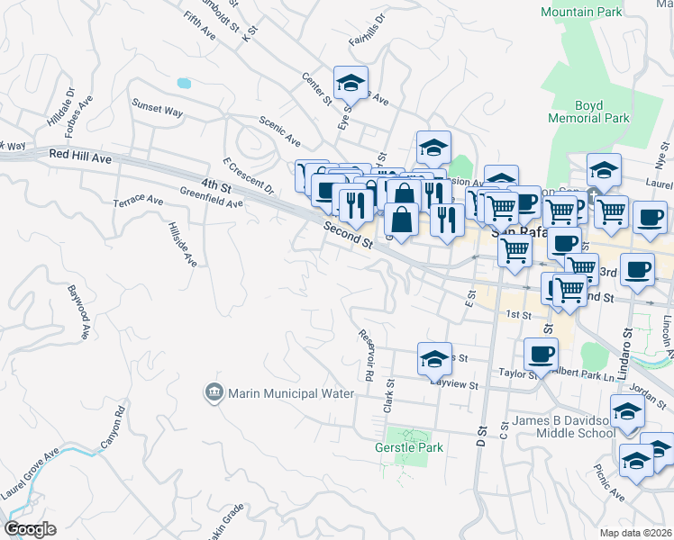 map of restaurants, bars, coffee shops, grocery stores, and more near 15 Jessup Street in San Rafael