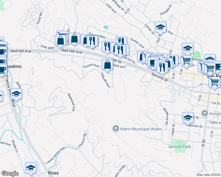 map of restaurants, bars, coffee shops, grocery stores, and more near 20 Hillside Avenue in San Rafael