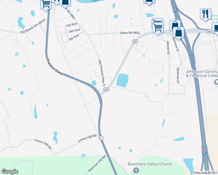 map of restaurants, bars, coffee shops, grocery stores, and more near 221 Kentucky 480 in Shepherdsville