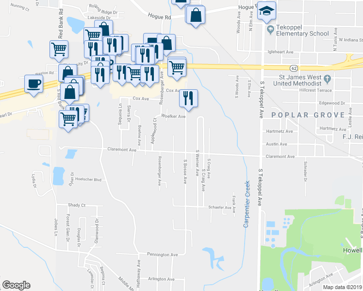 map of restaurants, bars, coffee shops, grocery stores, and more near 364 South Bosse Avenue in Evansville