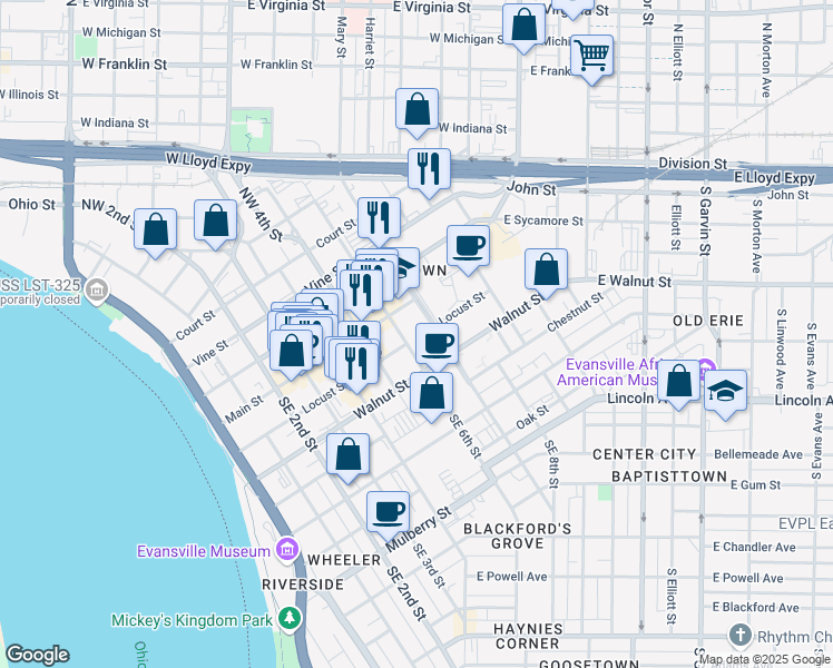 map of restaurants, bars, coffee shops, grocery stores, and more near 1 Southeast Martin Luther King Junior Boulevard in Evansville