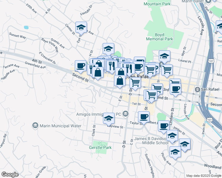 map of restaurants, bars, coffee shops, grocery stores, and more near 105 Shaver Street in San Rafael