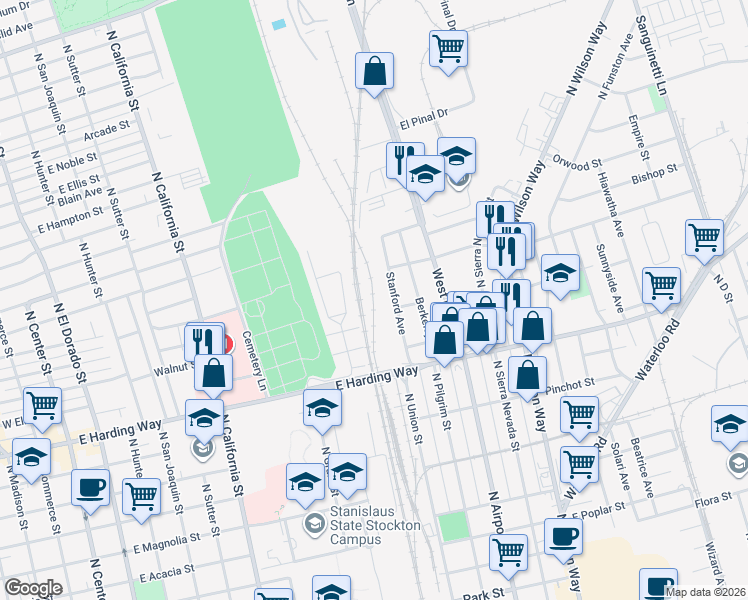 map of restaurants, bars, coffee shops, grocery stores, and more near 1050 East Harding Way in Stockton