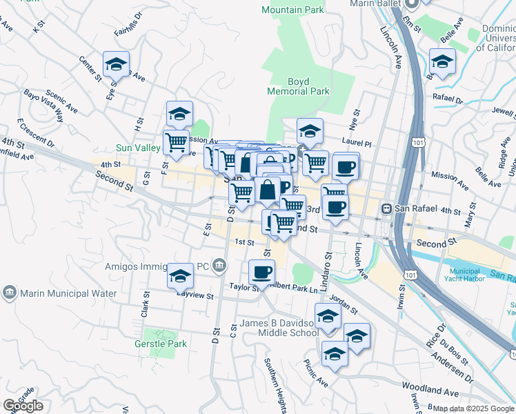 map of restaurants, bars, coffee shops, grocery stores, and more near 840 C Street in San Rafael
