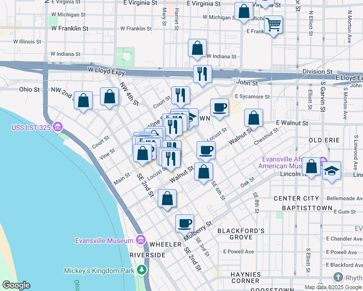 map of restaurants, bars, coffee shops, grocery stores, and more near 517 Main Street in Evansville