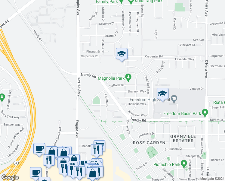 map of restaurants, bars, coffee shops, grocery stores, and more near 494 Shannon Way in Oakley