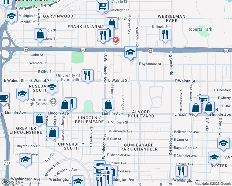 map of restaurants, bars, coffee shops, grocery stores, and more near 426 South Lincoln Park Drive in Evansville