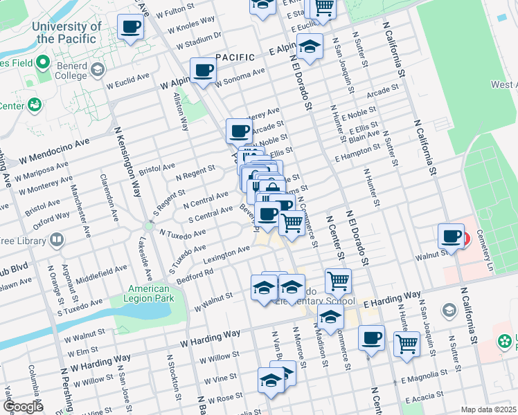 map of restaurants, bars, coffee shops, grocery stores, and more near 2230 Pacific Avenue in Stockton