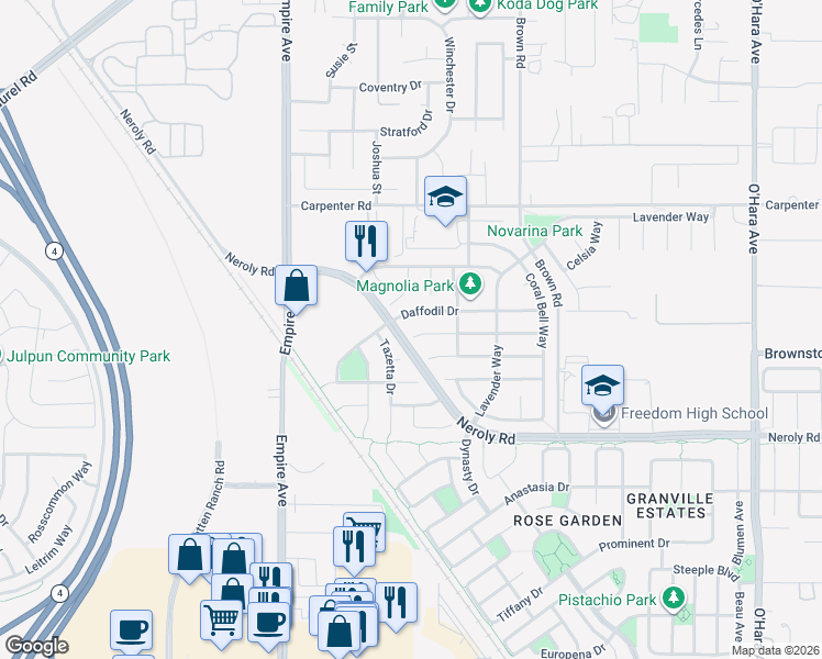 map of restaurants, bars, coffee shops, grocery stores, and more near 5870 Daffodil Drive in Oakley