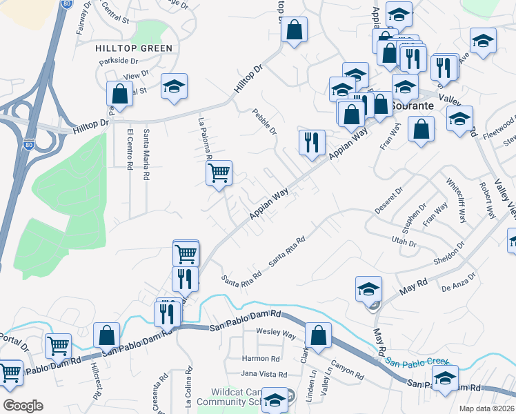 map of restaurants, bars, coffee shops, grocery stores, and more near 435 Colina Way in El Sobrante