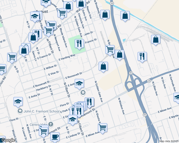 map of restaurants, bars, coffee shops, grocery stores, and more near 1057 North Golden Gate Avenue in Stockton