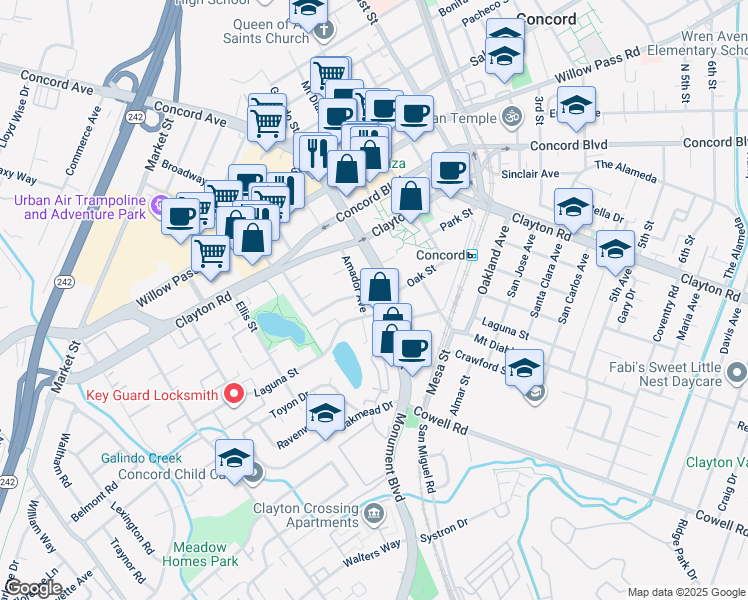 map of restaurants, bars, coffee shops, grocery stores, and more near 1700 Amador Avenue in Concord