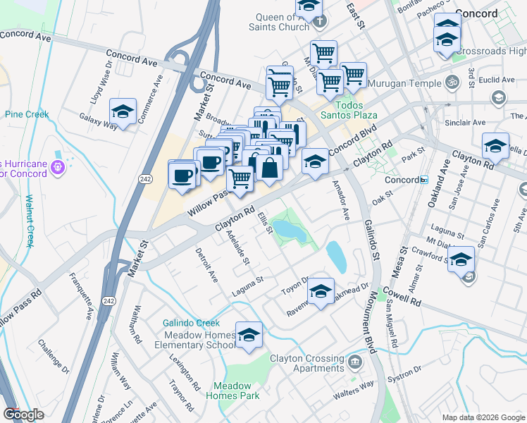 map of restaurants, bars, coffee shops, grocery stores, and more near 1736 Clayton Road in Concord