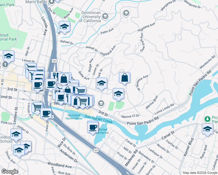 map of restaurants, bars, coffee shops, grocery stores, and more near 6 Valencia Avenue in San Rafael