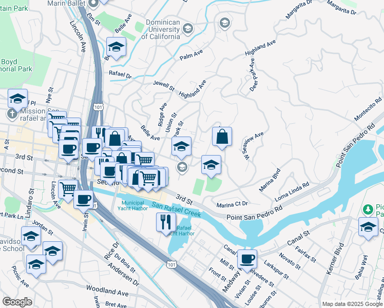 map of restaurants, bars, coffee shops, grocery stores, and more near 6 Valencia Avenue in San Rafael