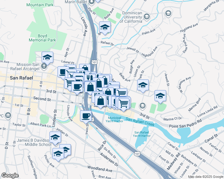map of restaurants, bars, coffee shops, grocery stores, and more near 1016 Grand Avenue in San Rafael