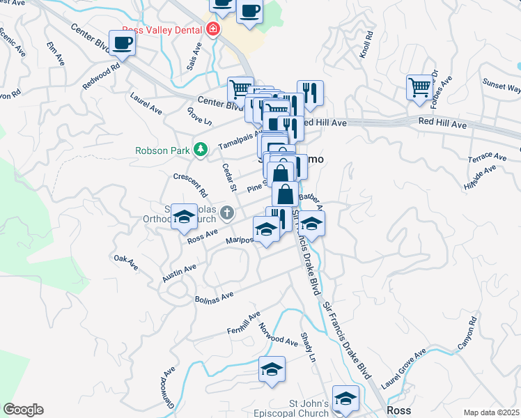 map of restaurants, bars, coffee shops, grocery stores, and more near 41 Woodland Avenue in San Anselmo