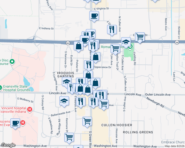 map of restaurants, bars, coffee shops, grocery stores, and more near 444 Shamrock Court in Evansville