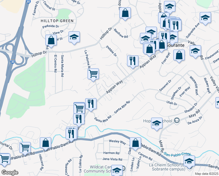 map of restaurants, bars, coffee shops, grocery stores, and more near 435 Colina Way in El Sobrante