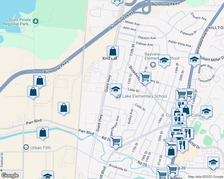 map of restaurants, bars, coffee shops, grocery stores, and more near 2702 Holly Street in San Pablo