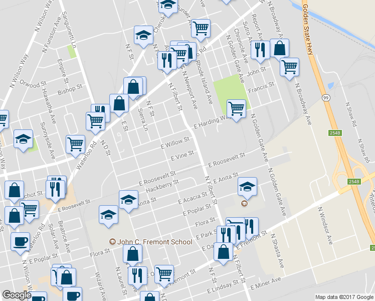 map of restaurants, bars, coffee shops, grocery stores, and more near 2461 East Vine Street in Stockton