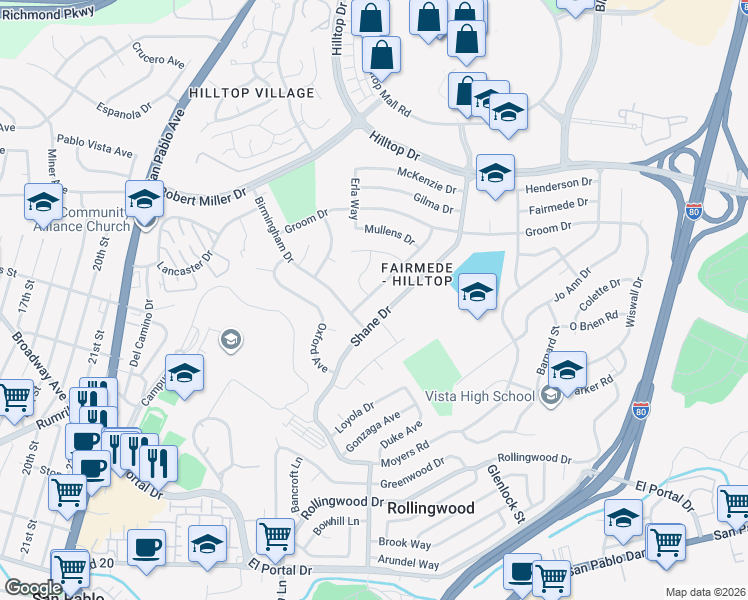 map of restaurants, bars, coffee shops, grocery stores, and more near 3000 Barkley Drive in Richmond
