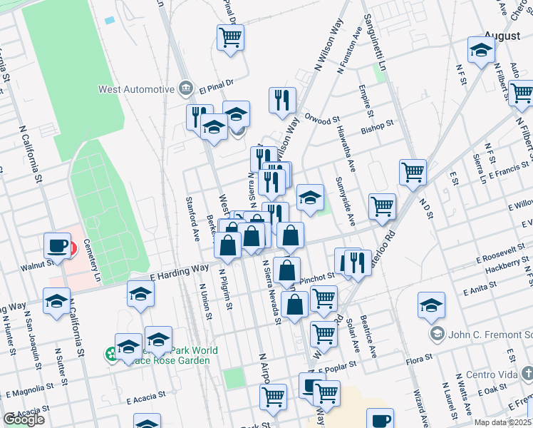 map of restaurants, bars, coffee shops, grocery stores, and more near 1445 Walnut Street in Stockton