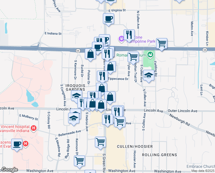 map of restaurants, bars, coffee shops, grocery stores, and more near 412 South Green River Road in Evansville