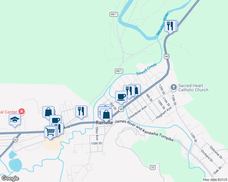 map of restaurants, bars, coffee shops, grocery stores, and more near 134 5th Street in Rainelle