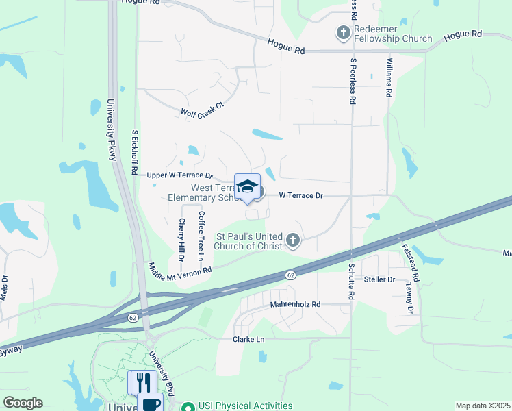 map of restaurants, bars, coffee shops, grocery stores, and more near 8000 West Terrace Drive in Evansville