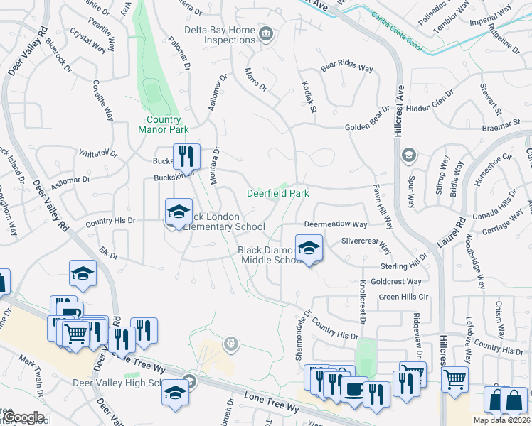 map of restaurants, bars, coffee shops, grocery stores, and more near 4437 Deerfield Drive in Antioch
