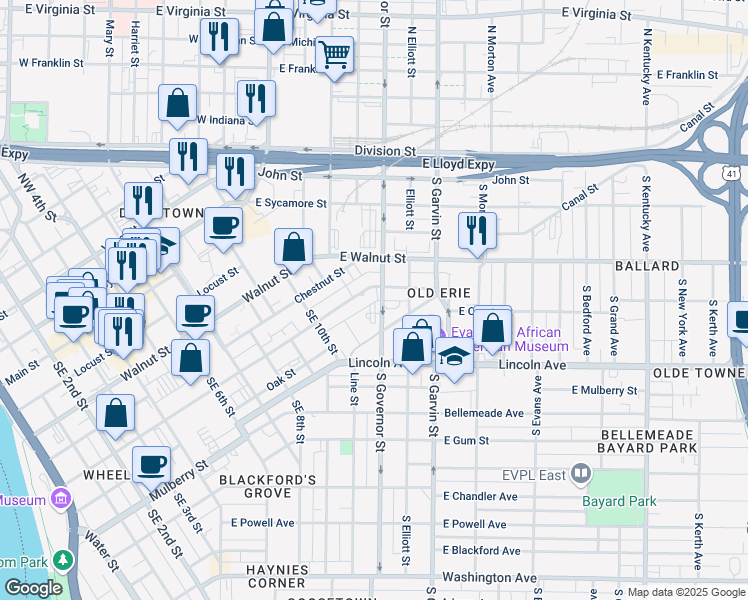 map of restaurants, bars, coffee shops, grocery stores, and more near 1111 East Cherry Street in Evansville