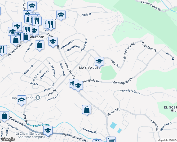 map of restaurants, bars, coffee shops, grocery stores, and more near Meadowbrook Drive & Maywood Drive in El Sobrante