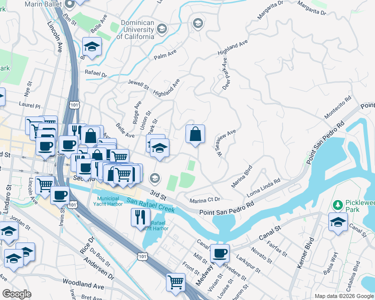 map of restaurants, bars, coffee shops, grocery stores, and more near 116 Mission Avenue in San Rafael