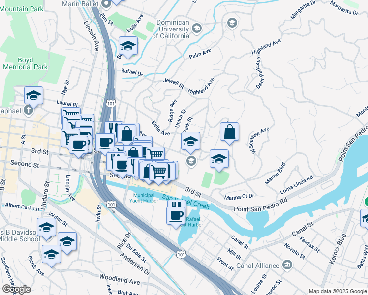 map of restaurants, bars, coffee shops, grocery stores, and more near 10 Park Street in San Rafael