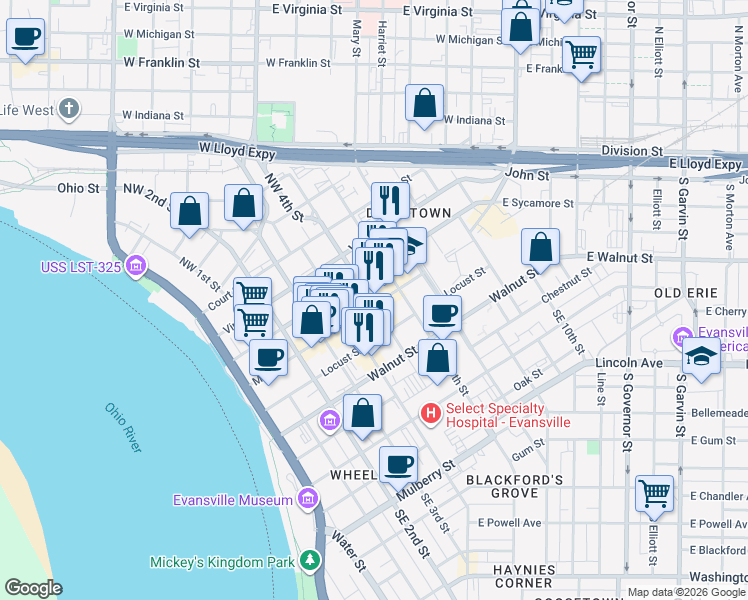 map of restaurants, bars, coffee shops, grocery stores, and more near 508 Main Street in Evansville