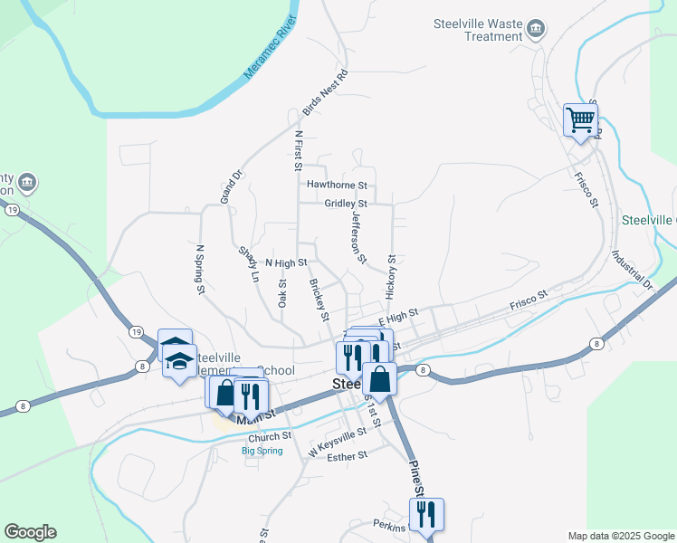 map of restaurants, bars, coffee shops, grocery stores, and more near 507 North First Street in Steelville